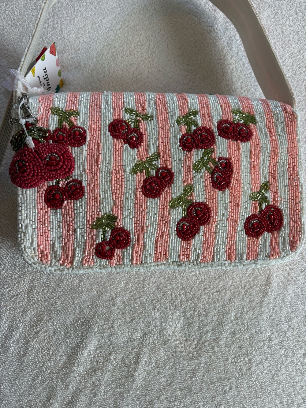 NWT Viral Beaded Cherry Bag Pink White Stripe Shoulder Purse - Picture 6 of 10